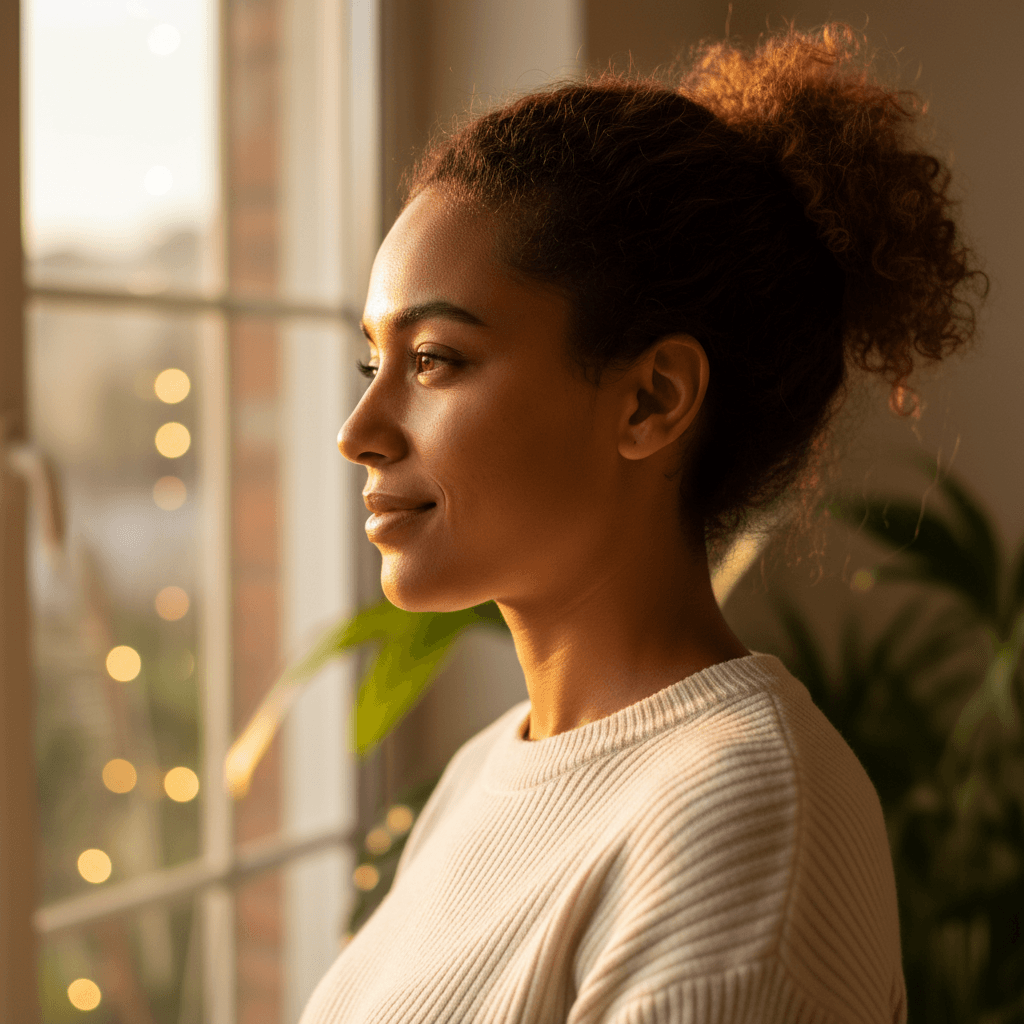 Woman in profile, thoughtful and present, soft warm light