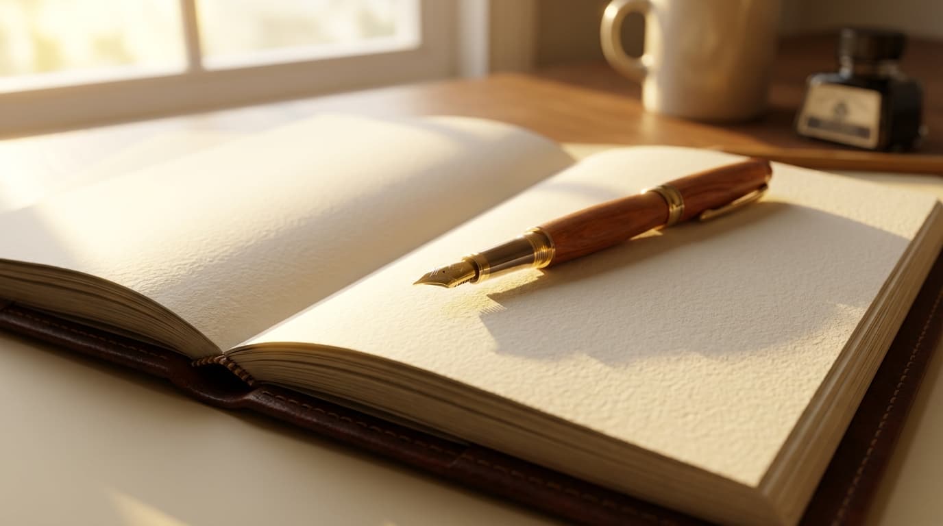 Luxury journal and pen in warm candlelit setting