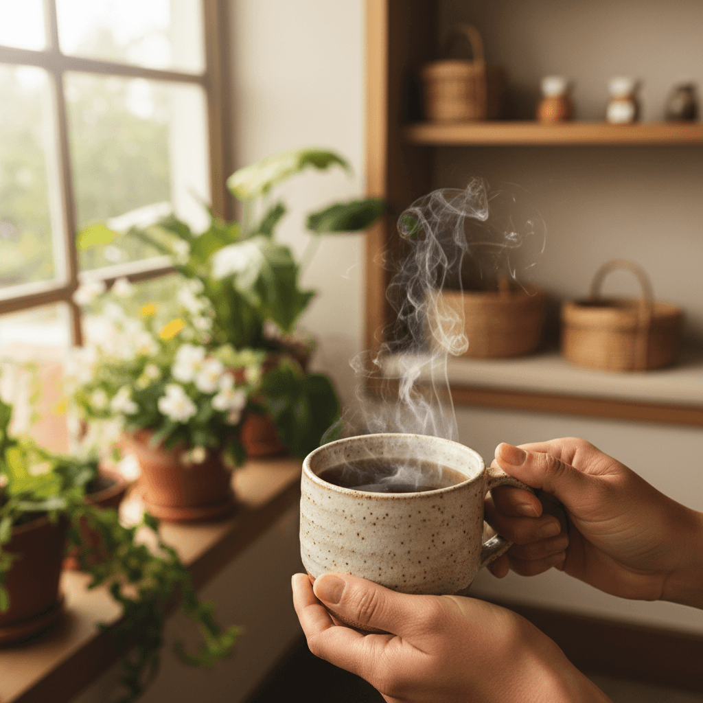 Woman holding warm tea, moment of calm presence